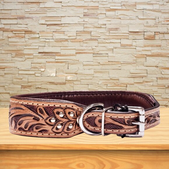 Brown Tan Genuine Leather Dog Collar [DTD105-16] - Picture 3 of 12
